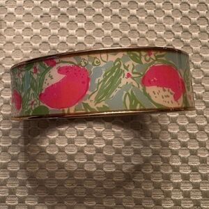 Lilly Pulitzer gold tone green, blue, pink and white pastel bangle w/hing. VGC